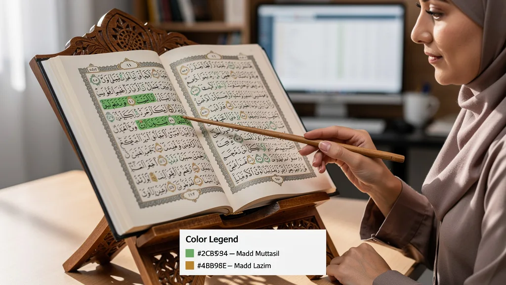A color-coded Quran page illustrating the different types and lengths of Madd (elongation).