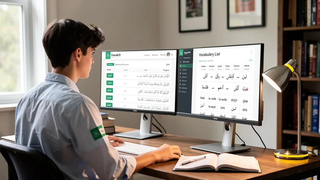 A side-by-side comparison of Fawakih and Bayna Yadayk online Quranic Arabic programs on a dual-monitor setup.