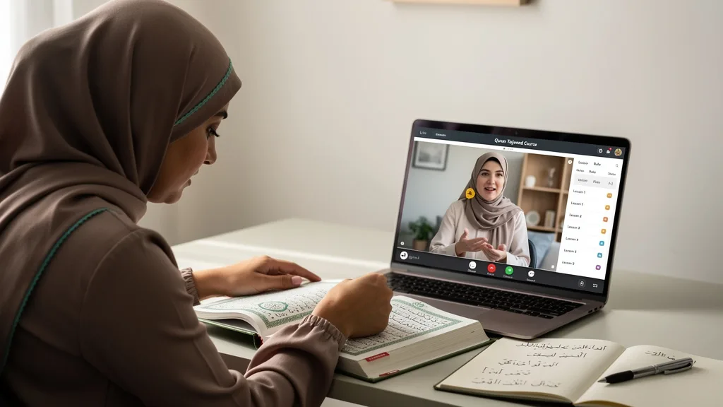 Click to manage / replace image A dedicated student engaged in a deep-dive full Quran course with her online tutor.