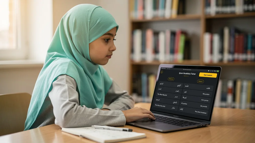 A student creating custom digital flashcards for Quranic vocabulary on a laptop.