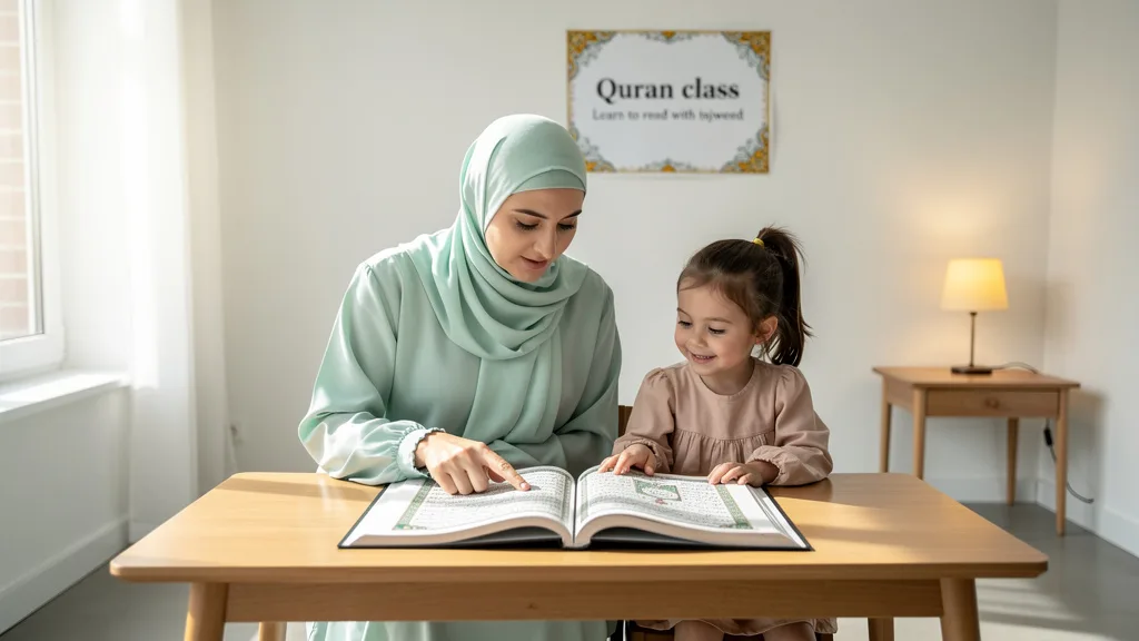 A mother and son review online profiles to find the right female Quran teacher.