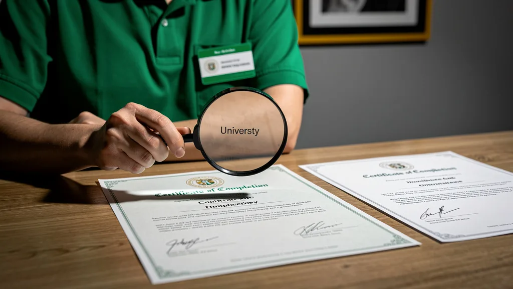 A magnifying glass reveals flaws like a blurry seal on a fake certificate.