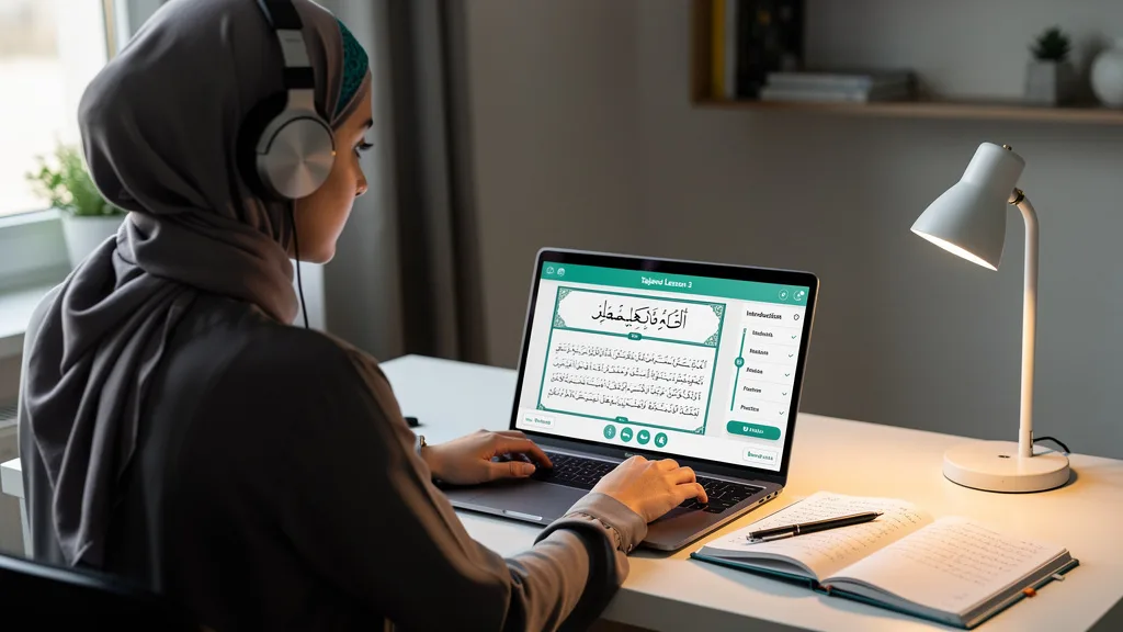 A woman with headphones taking an online Tajweed class on her laptop.
