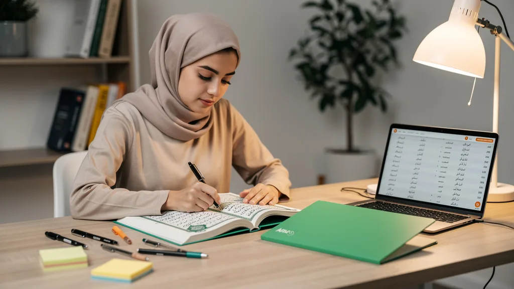 Click to manage / replace image A student reviewing the 100 most frequent Quranic words on a vocabulary learning app.