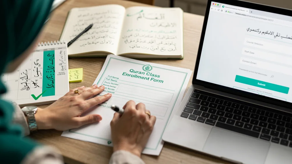 Click to manage / replace image A person indicating their availability for Quran classes on a weekly planner.