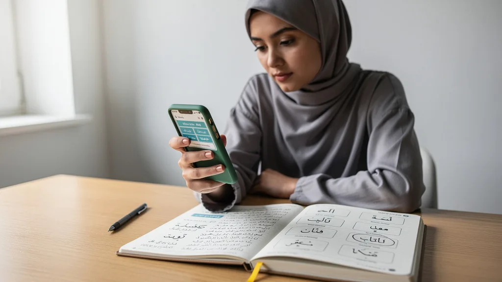 A person using a smartphone app with Arabic flashcards to practice Quranic vocabulary.