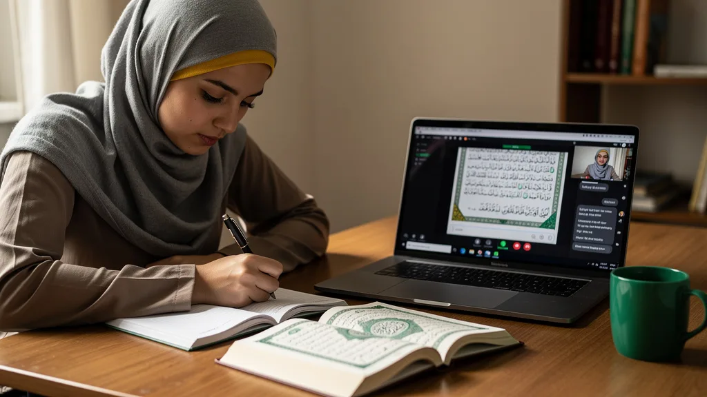 A student takes notes on Quranic translation during an online class.