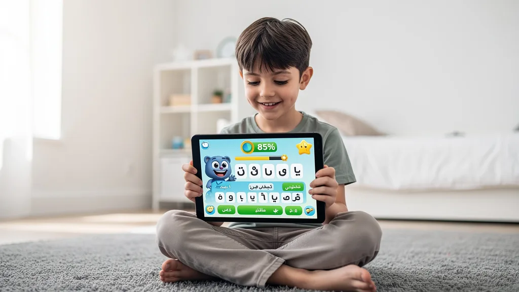 A young learner engaging with the gamified lessons on the AlifBee Arabic learning app.