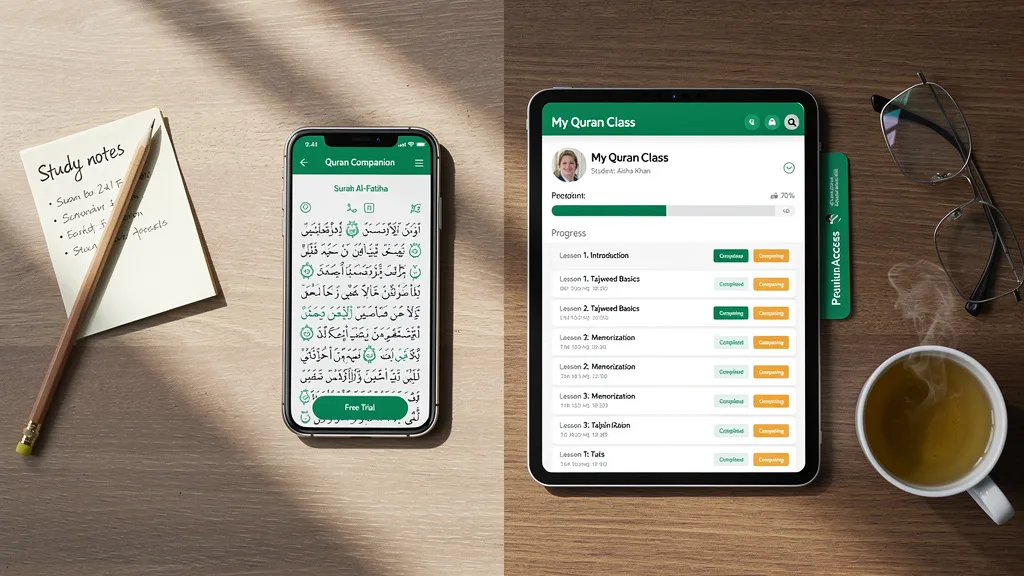 A visual comparison of features offered in a free trial versus a paid Quran class subscription.
