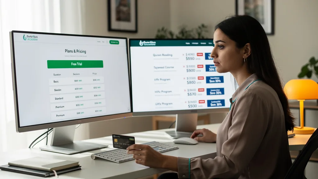 A woman comparing the costs and free trial offers of online Arabic courses.