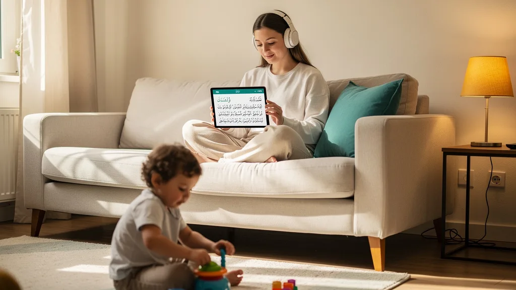 A woman taking a flexible online Arabic class at home.