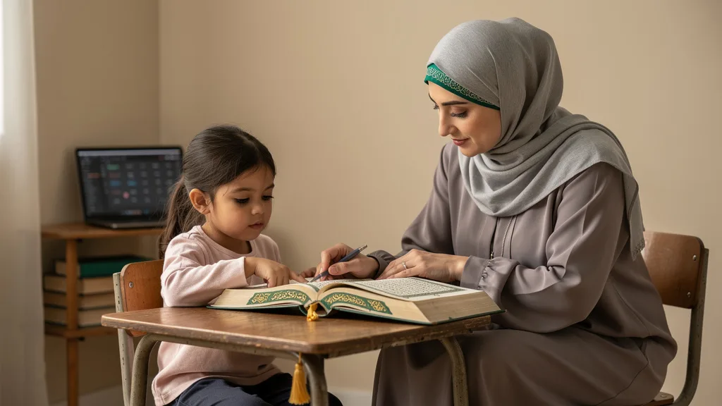 A child uses a tablet for an interactive game during an online Quran lesson.