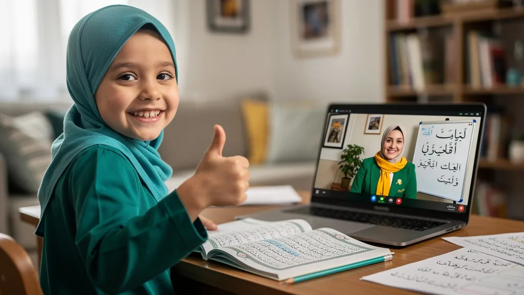 A happy young girl enjoying her interactive online Quran lesson with a female teacher.