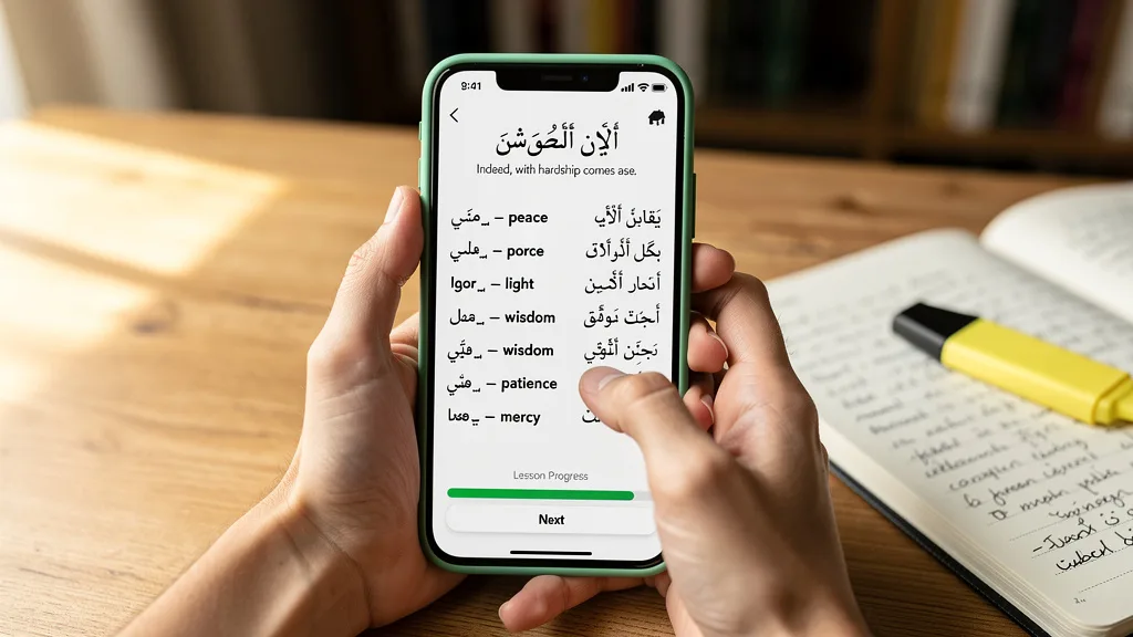 The user interface of the Quranic app showing a vocabulary lesson based on a verse.
