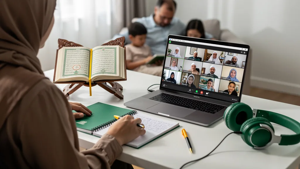 Click to manage / replace image A well-prepared desk with a laptop, headset, and Quran for an online class.