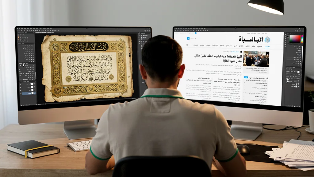 A visual comparison of a classical Quranic text and a modern Arabic news website on computer screens.