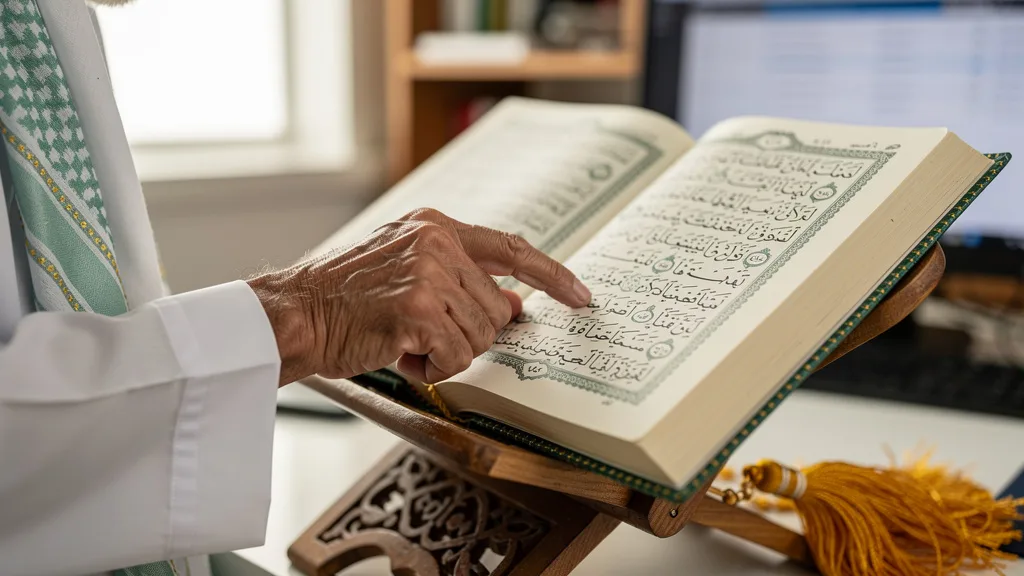 A close-up view of a Quran page with a finger tracing the Arabic text, symbolizing careful study.
