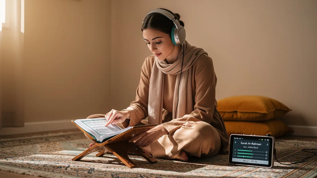 A woman practicing proper Tajweed while listening to a Quran recitation.