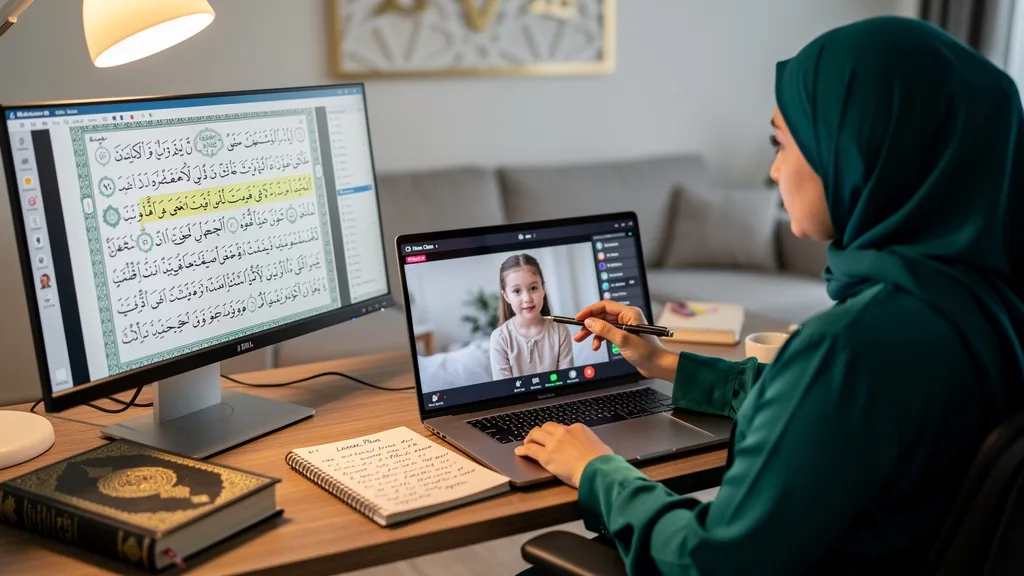 An online Quran teacher explains a verse from the Quran to a young student during a one-on-one class.