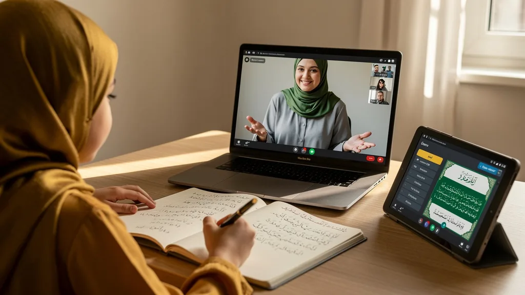 A female teacher warmly welcoming a student at the start of an online Quran trial session.