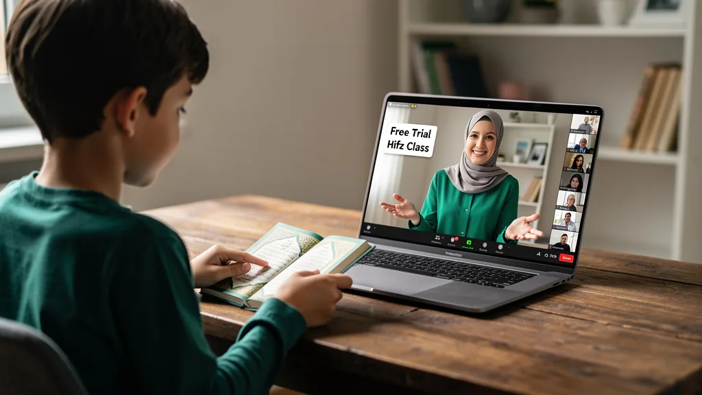 Click to manage / replace image A child participating in a free trial for an online Hifz class on a laptop.