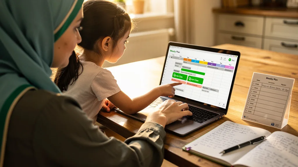 A mother and daughter review their weekly schedule, which includes recurring paid Quran classes.