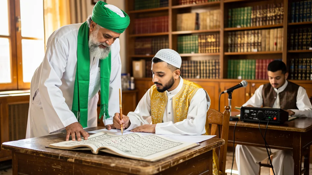 Click to manage / replace image A student practicing classical Arabic grammar and script, a foundational skill for Quran teachers at Al-Azhar.