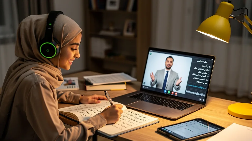 An online student receives personalized feedback on Arabic pronunciation from a tutor during a video call.