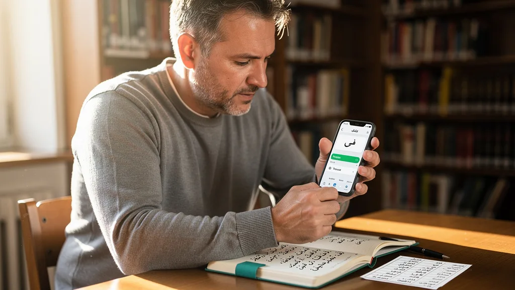 A user learning Quranic vocabulary with a flashcard app on their smartphone.