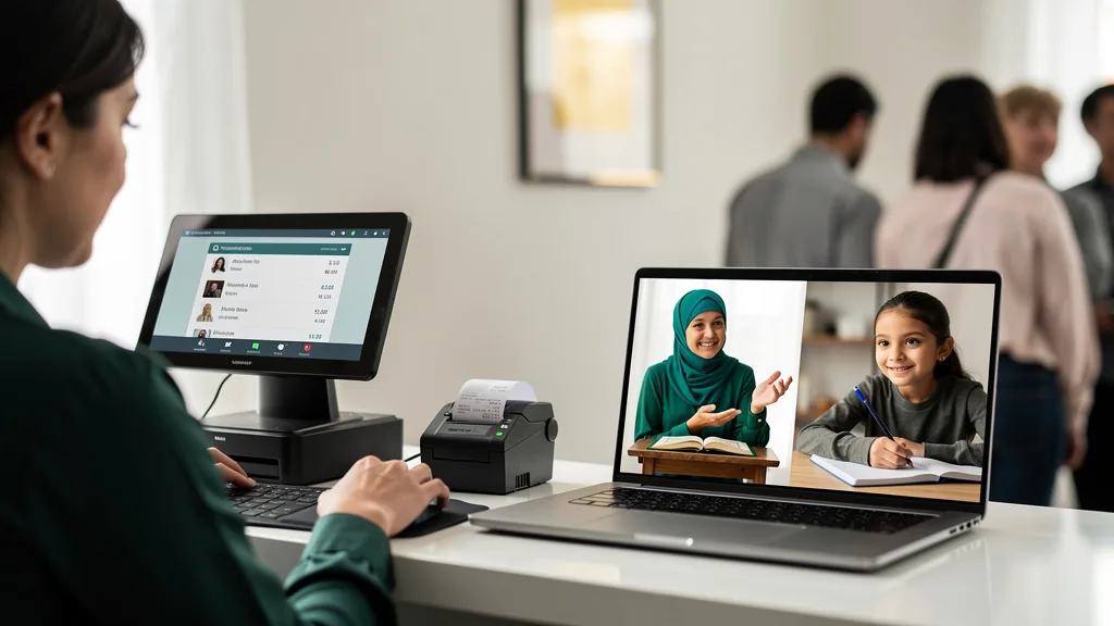 Click to manage / replace image A student and female tutor interacting positively during an online Quran class, highlighting tutor compatibility.