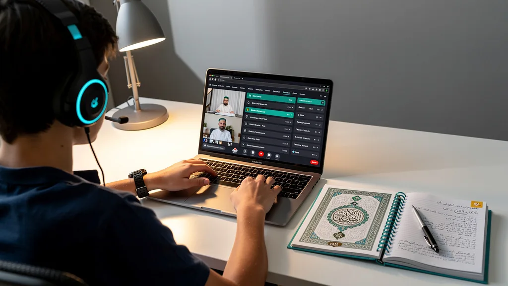 A neatly organized student desk ready for an online class