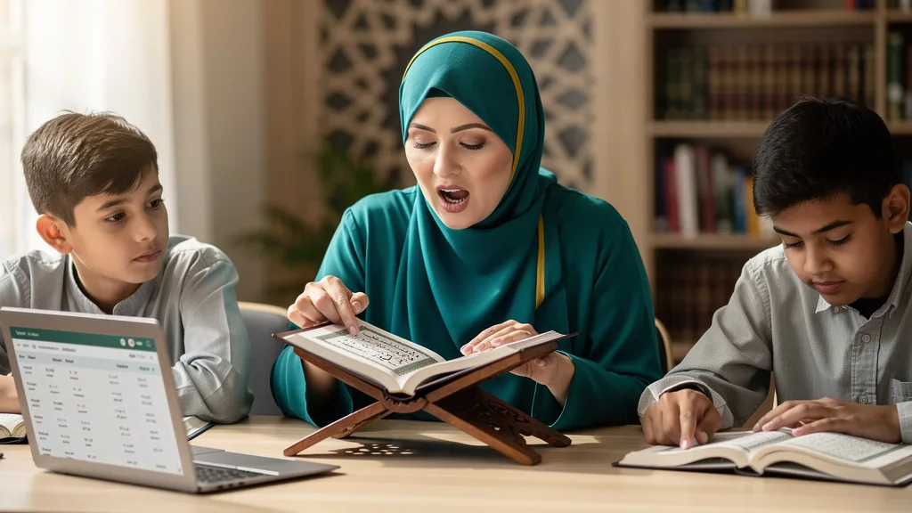 Click to manage / replace image An open Quran on a stand, ready for recitation and study of Tajweed rules.