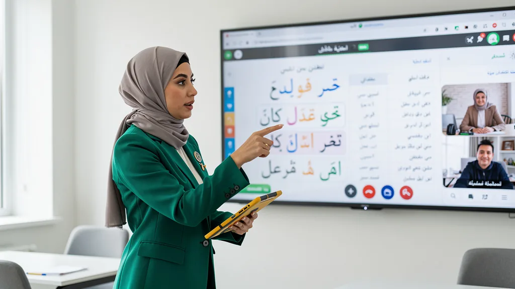 Click to manage / replace image A teacher uses a tablet and digital whiteboard to scaffold an Arabic lesson for a student.
