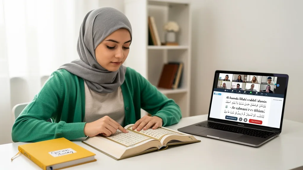 A student uses both a physical Quran and a laptop for their interactive online Tajweed lesson.