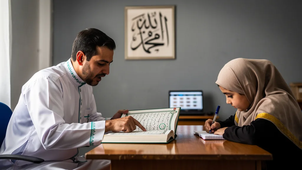 A desk setup showing both a live online Quran class and a recitation app on a phone.