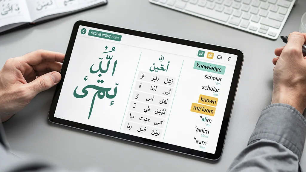 A digital display illustrating the root word analysis of a Quranic Arabic term.