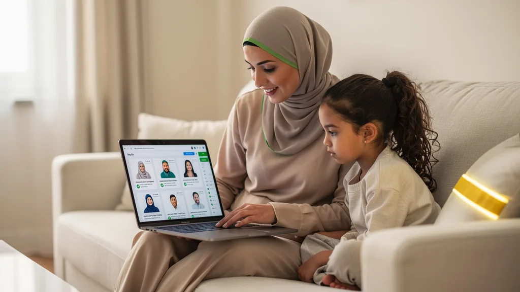 A family reviews profiles of female Quran teachers to find the right fit for their child