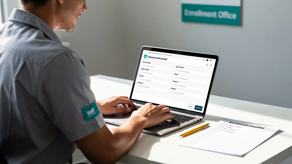 A person carefully typing information into an online enrollment form on a laptop screen.