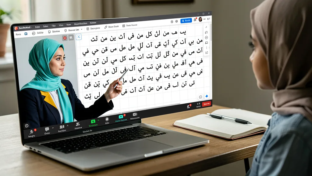 A one-on-one online class for learning Quranic Arabic with a female teacher and student interacting.