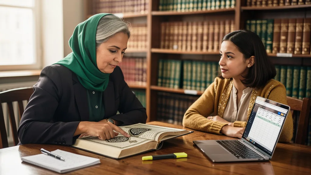 A knowledgeable female teacher in a library explaining the deep context and Tafsir of the Quran to a student.