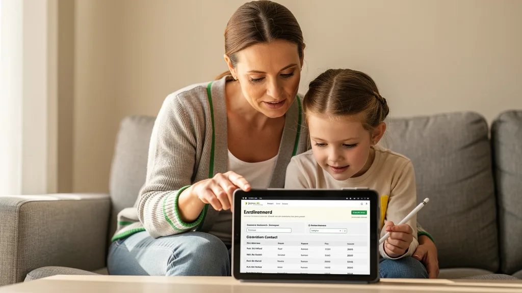Click to manage / replace image A mother and daughter working together to provide guardian contact details on an enrollment form.