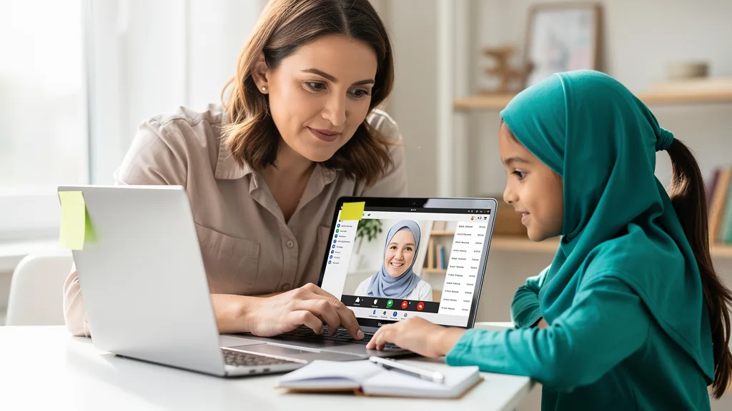 A mother assisting her daughter with the technical setup for an online Quran lesson on a laptop.