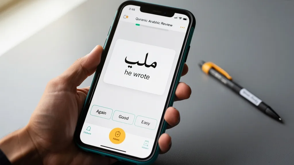 A smartphone screen displays a spaced repetition flashcard for a Quranic Arabic word.