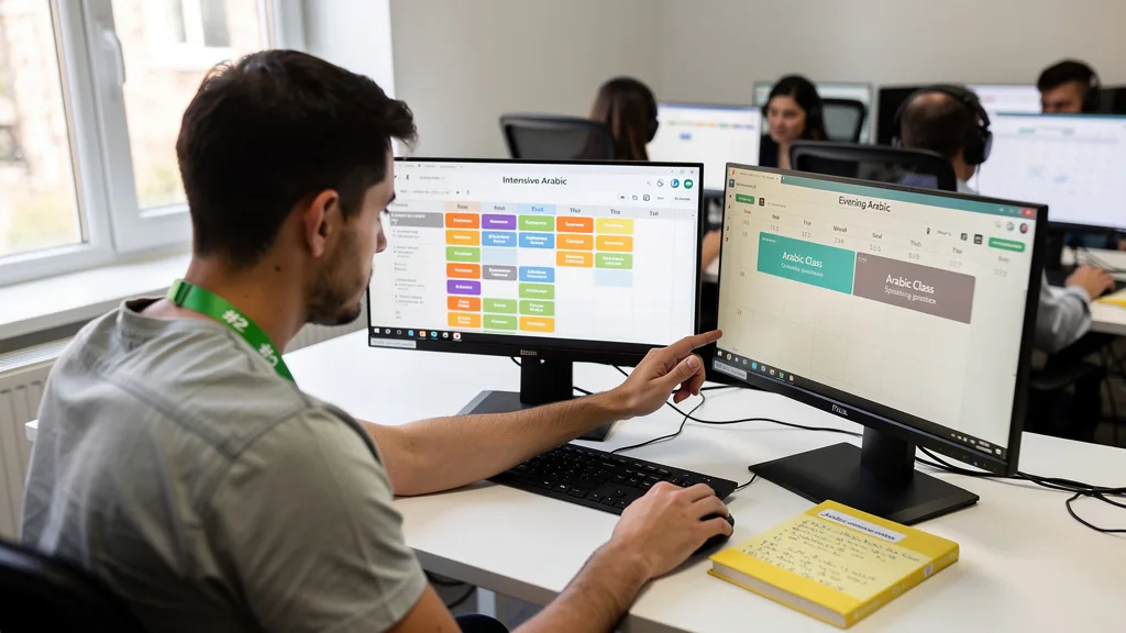 A computer screen comparing an intensive daily Arabic class schedule with a relaxed weekly one.