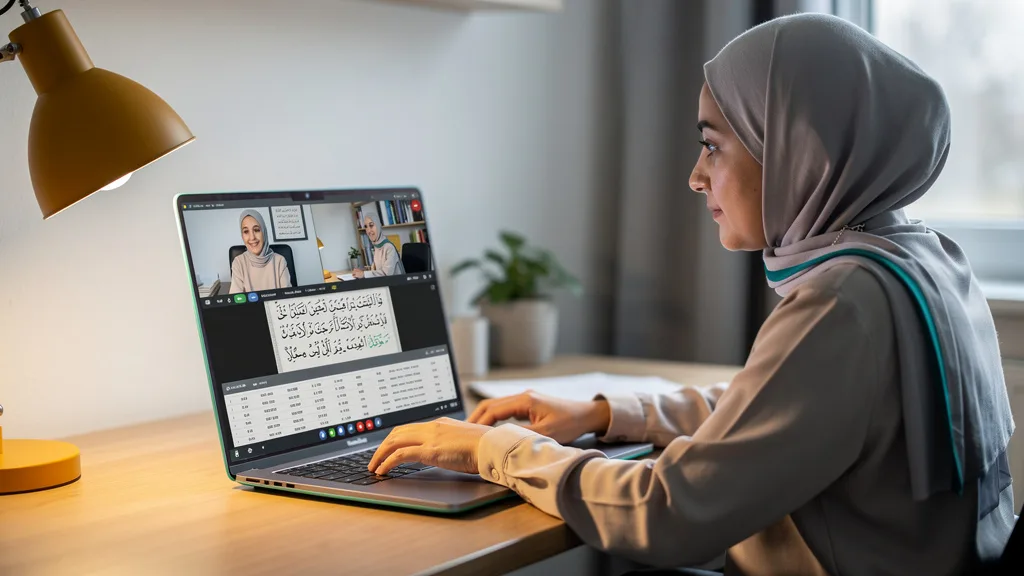 An adult female student engaged in a one-on-one online Quran class with her teacher.