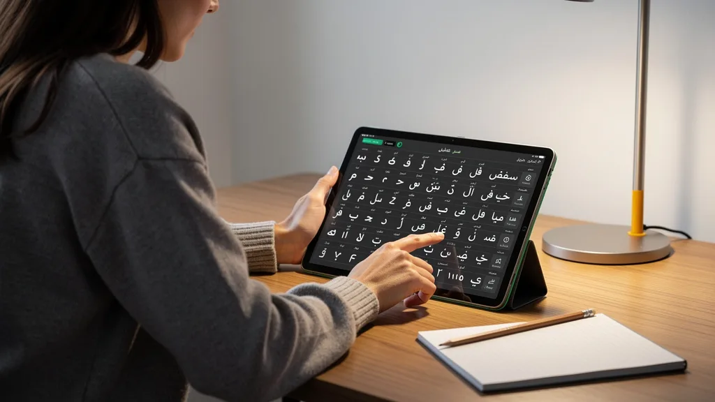 A woman learning the Arabic alphabet on a tablet to build a foundation for Quran recitation.