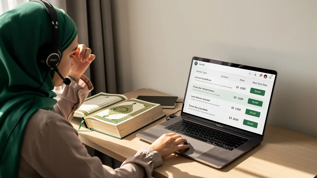A quiet, prepared learning space for an online Quran session with a laptop and headset.