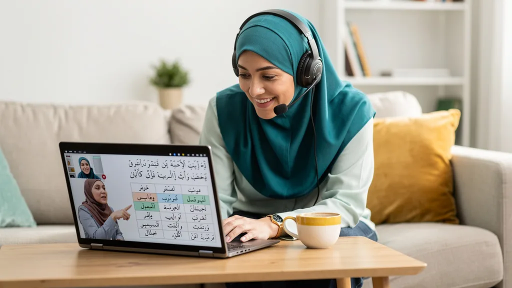 An adult woman happily taking an online Quranic Arabic course with a private female teacher.