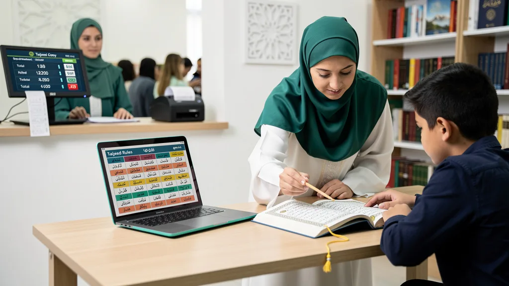 Click to manage / replace image A woman focusing intently on the pausing rules while reciting the Quran.