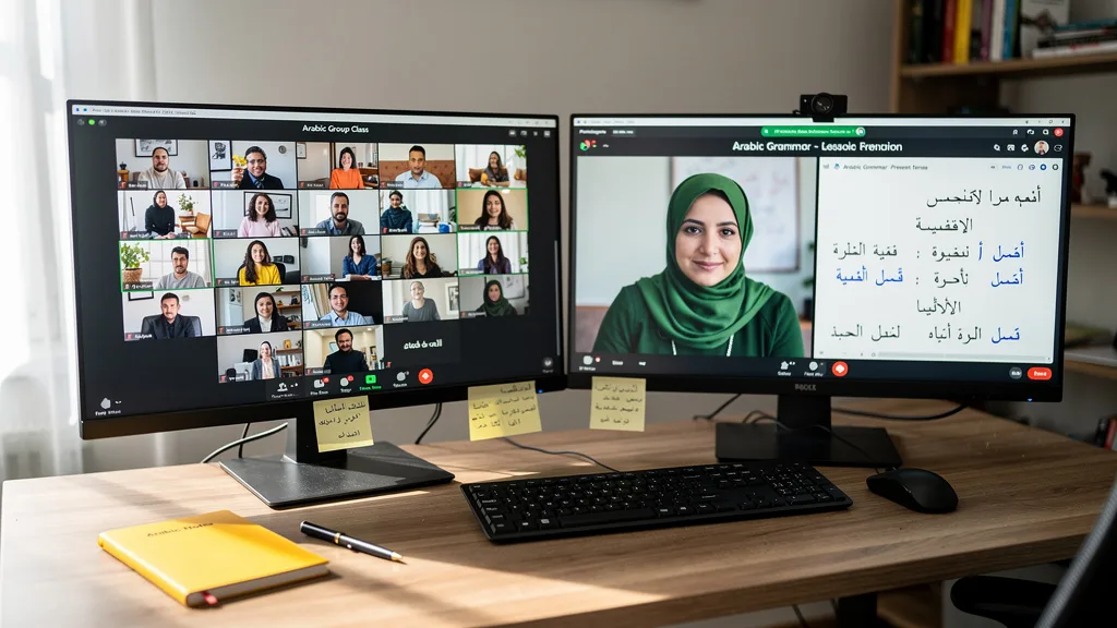 A desk with two monitors comparing a group Arabic class with a private tutoring session.
